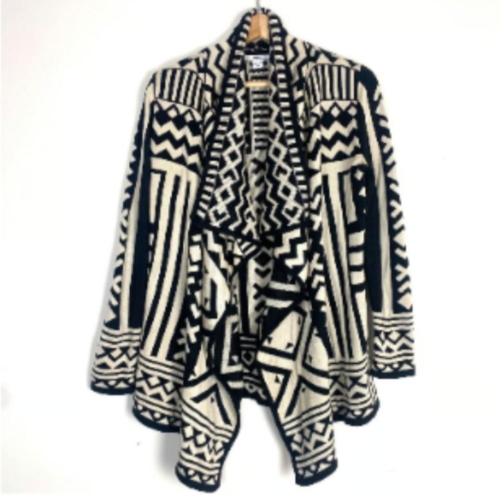 Bar III Womens Black White Aztec Geometric Open Front Cardigan Sweater Sizr M